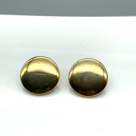 Vintage Puffy Golden Circle Earrings, Shiny Gold Tone Minimalist Clip Ons - Picture 3 of 5